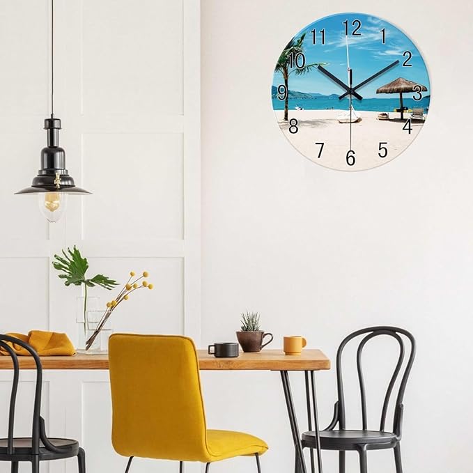 XFM Blue Beach Wall Clock 16 Inch Silent Non Ticking Wall Clocks Battery Operated Tropical Hawaii Coastal Wall Clock for Living Room Bedroom Home Office Decor