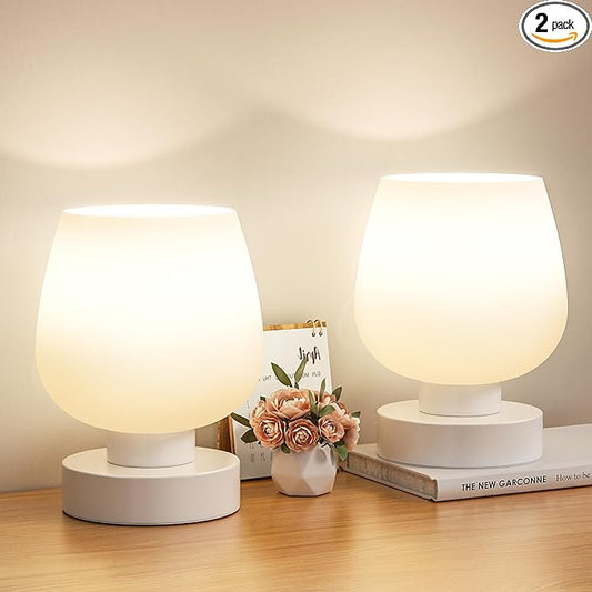 Seealle Touch Bedside Table Lamp Set of 2 - Small Bedside Lamp for Bedroom Living Room Night Stands, Desk Lamp with White Glass Shade for Small Spaces, 3 Way Dimmable, LED Bulbs, Gifts