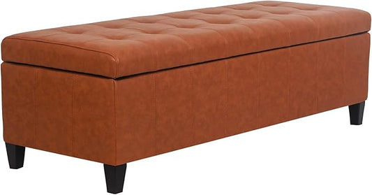 Joveco 51 Inch Storage Ottoman Bench,Tufted Leather Storage Bench for Bedroom (51”,Dark Orange)