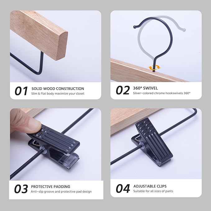 Nature Smile Deluxe Wooden Pants Hangers,Solid Rubber Wood Jeans Skirt Hanger with Blacak Hook Pack of 20(Natural Varnished)