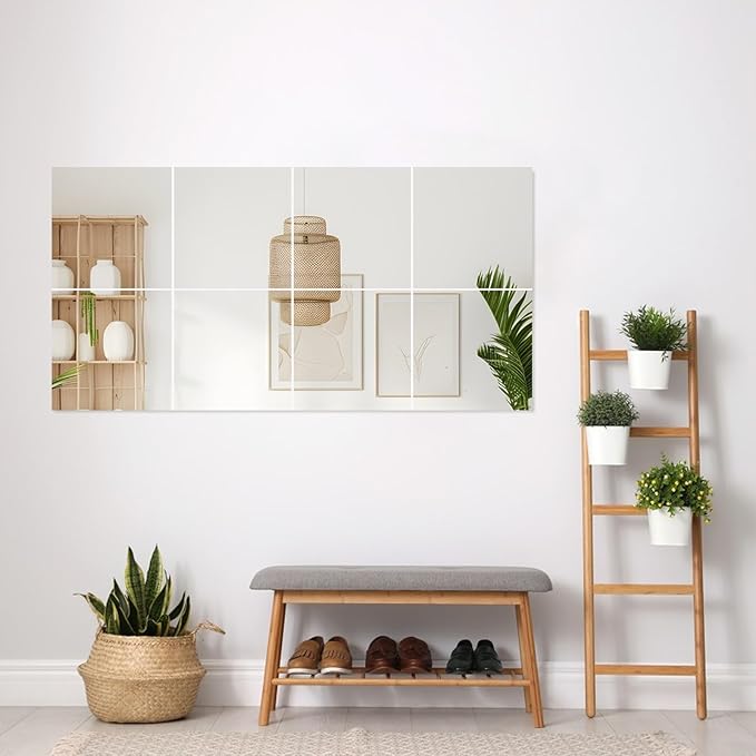 8 Pack 10x10 Inch Acrylic Mirror Tiles, Self-Adhesive Wall Mirror Full Length, Shatterproof Flexible Plastic Mirror Sheets for Bedroom, Home Gym, Door, Frameless Body Mirror