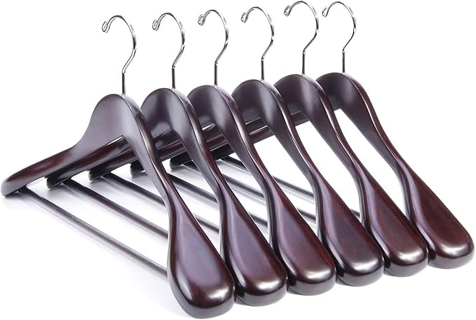 Nature Smile Wooden Coat Suit Hangers Womans Wood Jacket Outerwear Shirt Hangers Anti Slip Bar with Screw 6 Pack (16 inch Mahogany)
