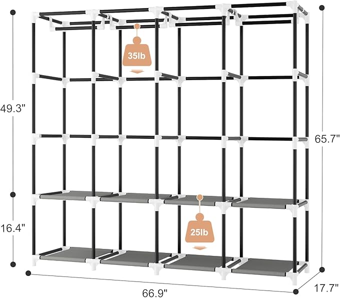 Portable Closet for Hanging Clothes, 67 Inch Wide Portable Wardrobe Closet with Cover, 4 Hanging Rod, Storage Shelves and Side Pockets, Large Free Standing Closet for Bedroom, Grey