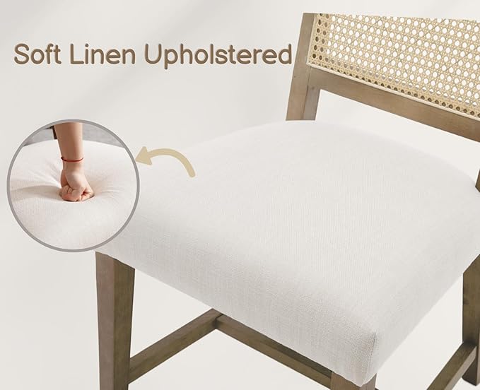 EALSON Rattan Dining Chairs Set of 6 Linen Upholstered Dining Room Chairs with Cane Back Mid Century Modern Kitchen Chairs Natural Wood Frame Side Chairs for Dining Room, Beige