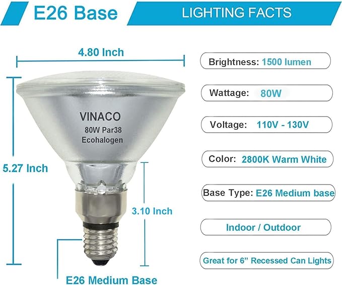 PAR38 Flood Light，4 Pack PAR38 Halogen Flood Light Dimmable 80W 120V， High Brightness 1500LM Equivalent 100W Halogen Light Bulbs, PAR38 Bulb with E26 Base,2800K Warm White Ideal for Indoor/Outdoor