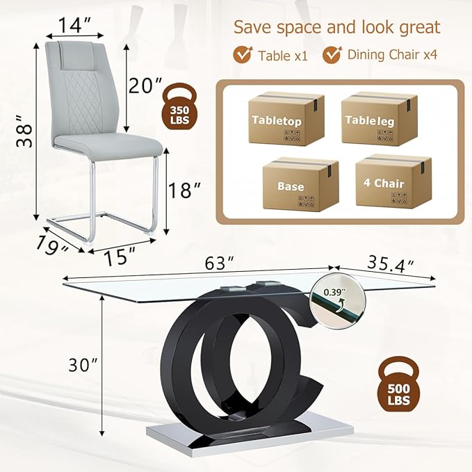 63'' Glass Dining Table Set for 4, Kitchen Table Chairs Set of 4, Clear Glass Dining Table with Black unique design Leg and Silver Metal Base, 4 PU Dining Chairs with Metal Legs, Living Room, Kitchen.