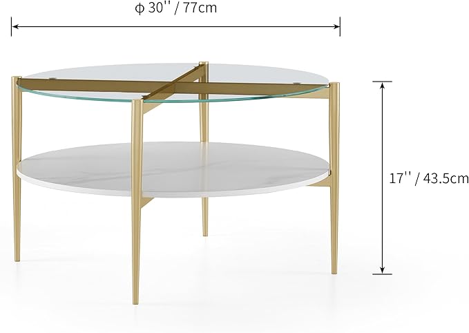 Shrine Modern Coffee Table with Glass Top, Round Table for Living Room, Two-Tier 30-Inch White Wooden Storage Coffee Table, Gold Table Legs Structure & Clear Glass Top