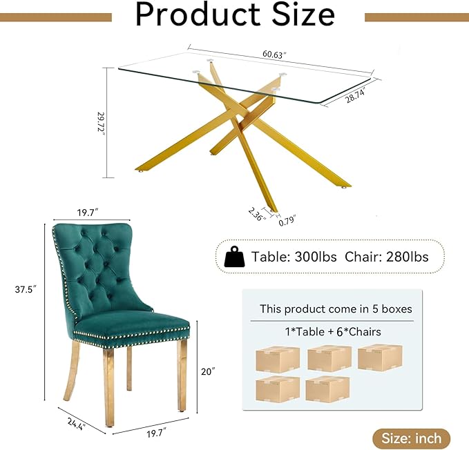 Goujxcy 7 Piece Glass Dining Table Set Modern Glass Dining Table Set for 6, 61" Rectangular Gold Kitchen Table and 6 Velvet Upholstered Chairs, Gold Table & Green Chair