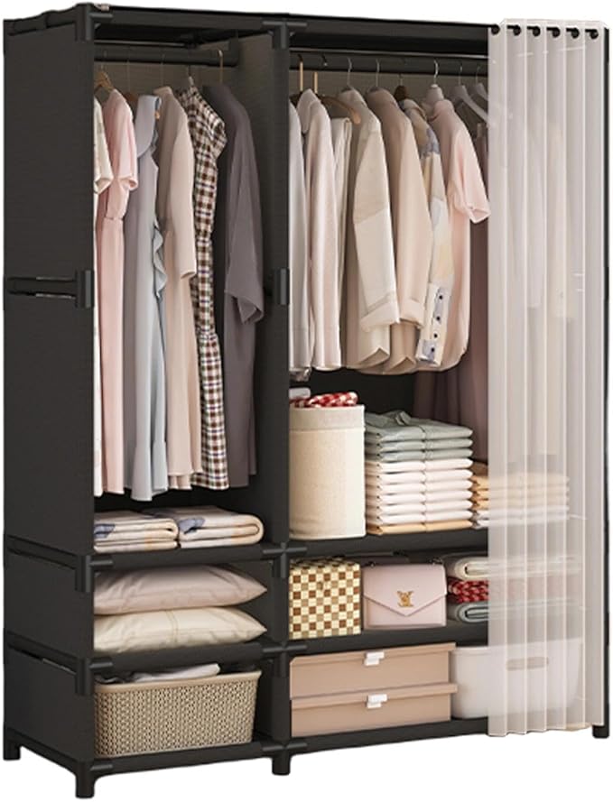 Portable Closet,Portable Closets for Hanging Clothes,Japanese Style Garment Rack with 2 Hanging Rods,6 Storage Shelves,43.3" L x 17.7" W x 65.1" H,Black