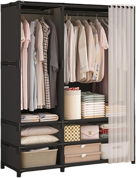 Portable Closet,Portable Closets for Hanging Clothes,Japanese Style Garment Rack with 2 Hanging Rods,6 Storage Shelves,43.3" L x 17.7" W x 65.1" H,Black