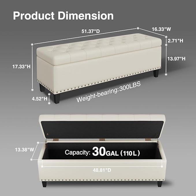 Storage Ottoman Bench,51-Inch Large Storage Bench for Bedroom End of Bed, 30 Gallons Faux Leather Ottoman with Storage for Bedroom, Living Room, Entryway, Cream White
