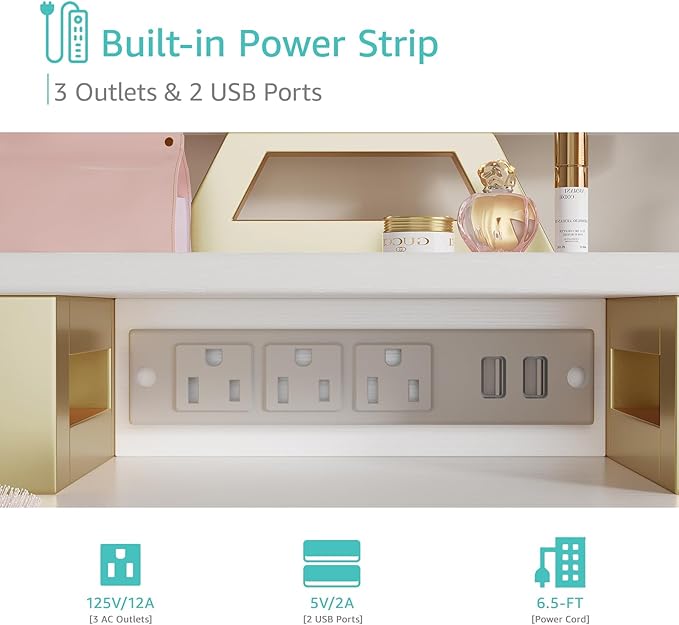 White Makeup Vanity Desk with Lights - 40 inch Girls Vanity Set with Mirror and Chair, Make Up Dresser Table with Drawers and Power Outlet for Bedroom Small Space, White and Gold