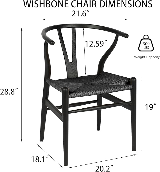 Tomile Wishbone Chair Y Chair, Wooden Dining Chairs Set of 2, Mid Century Modern Chairs with Arms, Solid Wood Weave Seat Kitchen & Dining Room Chairs (Ash Wood - Black)