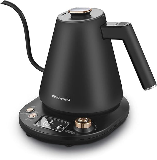 Elite Gourmet EKT3001 1L Digital Water Kettle, 304 Stainless Steel Interior, Programmed Temperatures, Keep Warm Function, Cordless, 360° Base, Auto Off & Audible Indicator, Matte Black
