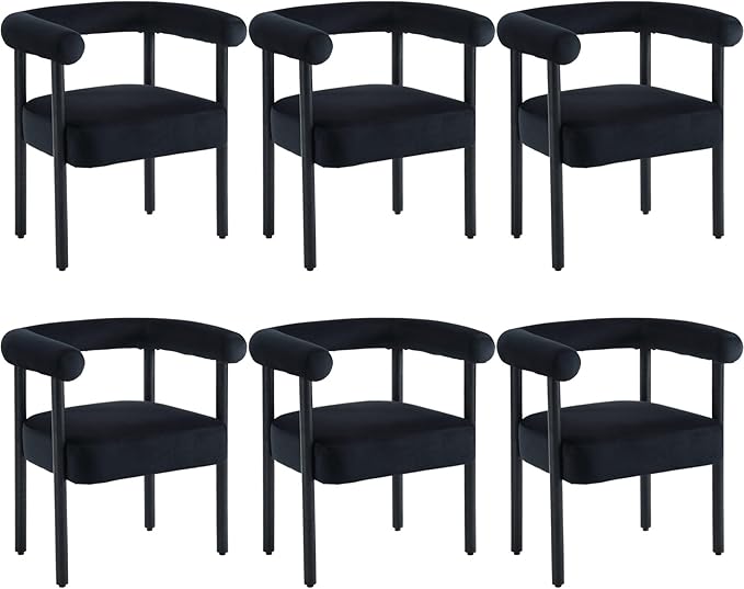 Mid-Century Modern Dining Chairs Set of 6, Armrest Barrel Dining Chairs Side Accent Chairs with Curved Back, Upholstered Wood Armchairs for Kitchen/Dining Room, Velvet Black