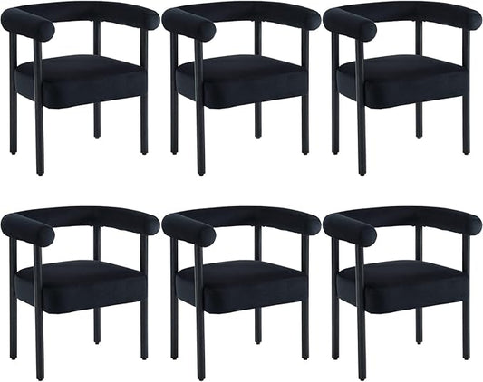Mid-Century Modern Dining Chairs Set of 6, Armrest Barrel Dining Chairs Side Accent Chairs with Curved Back, Upholstered Wood Armchairs for Kitchen/Dining Room, Velvet Black