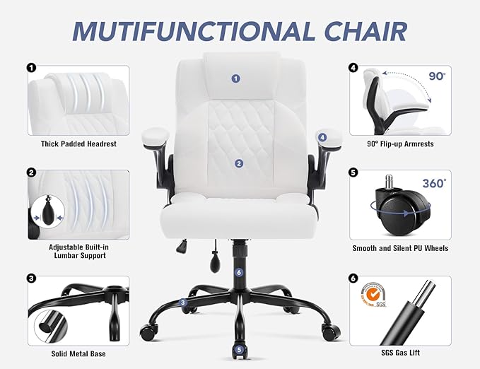 Office Chair with Adjustable Lumbar Support,Leather Ergonomic Computer Desk Chair with Flip-up Arms,Adjustable Tilt Lock,Swivel Rolling Executive PC Chair for Work, Study,Meeting,Small Space.White