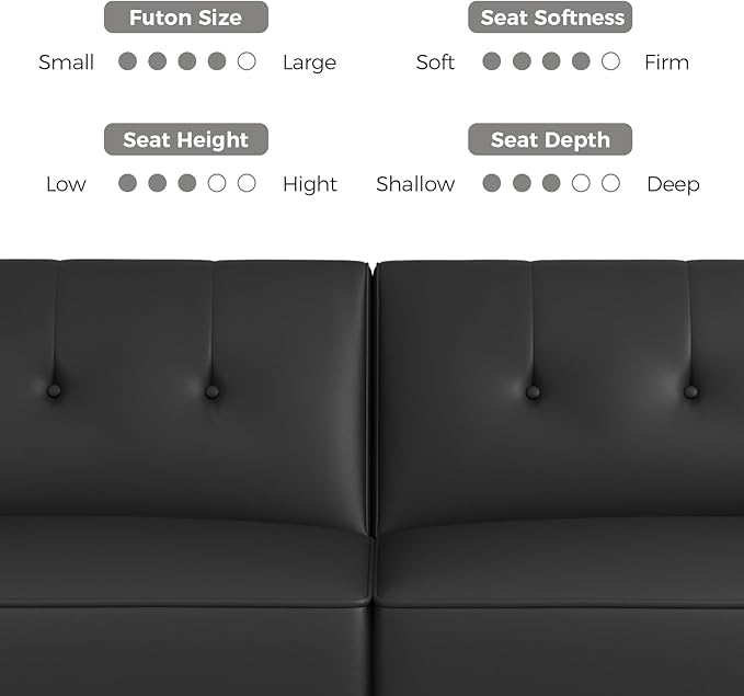 89” Futon Sofa Bed,Futon Couch Bed with 2 Square Pillows,Convertible Sleeper Sofa with Adjustable Backrest& Armrests, Modern Loveseat Sleeper for Living Room, Bedroom,Faux Leather Black