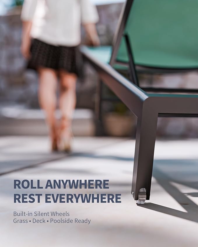 Aluminum Lounge Chairs Outdoor Chaise Furniture,2 Sets Patio Metal Deck Lounger Adjustable 5-Position Poolside Chase Recliner with Wheels for Beach,Coffee Table, (Green, 1 Chair)