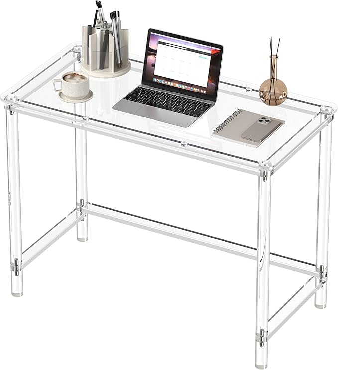 HMYHUM Acrylic Computer Desk, 40 Inch Clear Home Office Desk for Laptop, Study, Writing, Vanity Table with Cylindrical Legs, Modern, Easy Assembly