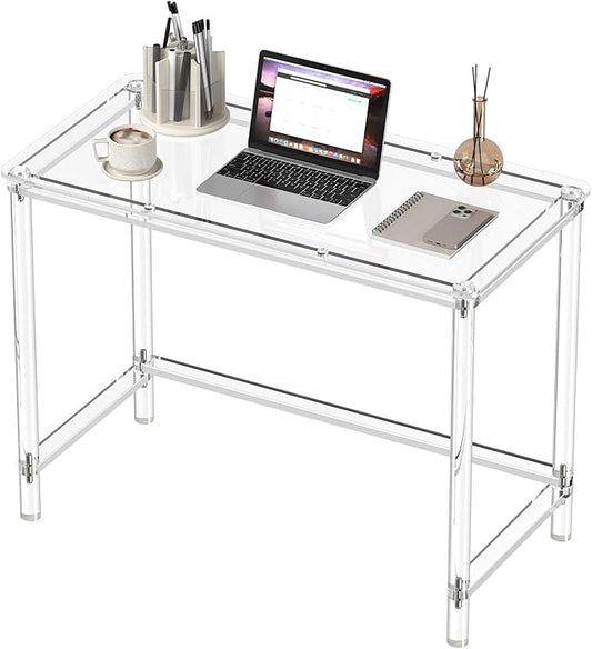HMYHUM Acrylic Computer Desk, 40 Inch Clear Home Office Desk for Laptop, Study, Writing, Vanity Table with Cylindrical Legs, Modern, Easy Assembly