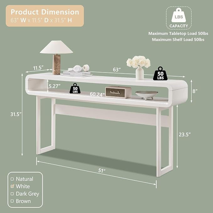 63-Inch Long Console Table, 31.5" Tall Modern Entryway Table with Open Storage Shelf, Curved Profile Design, Narrow Wood Sofa Table Behind Couch Table for Living Room, Hallway, Foyer, White