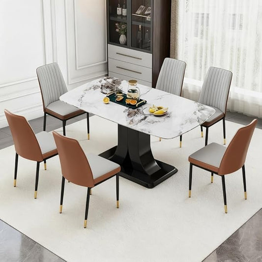 Modern Dining Table Set for 6, Marble Kitchen Table Chair Set for 6, Rectangular Kitchen Table with 6 Pu Leather Upholstered Chair for Dining Room