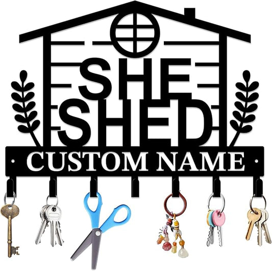Personalized She Shed Keys Hooks,Custom Name Metal She Shed Art Keys Hooks,Metal She Shed Lover Wall Home Storage Decorative Keys Hooks,Key Holder Hooks for Wall (Style C)