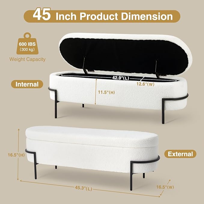 Sherpa Storage Ottoman Bench for Bedroom, White End of Bed Bench with Storage, Upholstered Boucle Storage Bench with Metal Stand and Hinges, Oval Ottoman for Living Room, 45 Inch