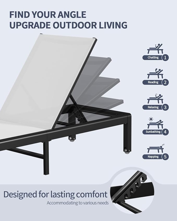 Aluminum Lounge Chairs Outdoor Chaise Furniture,2 Sets Patio Metal Deck Lounger Adjustable 5-Position Poolside Chase Recliner with Wheels for Beach,Coffee Table, (White, 1 Chair)