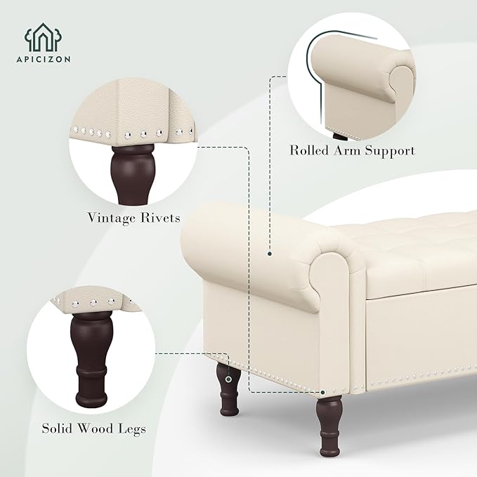 Apicizon 60” Bench with Storage, Faux Leather Ottoman Bench with Rolled Arm & Vintage Rivets, End of Bed Bench for Bedroom, Living Room, Entryway, Beige+Brown Legs