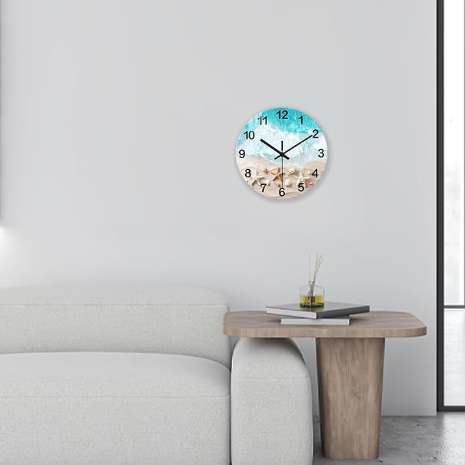XNM Modern Coastal Wall Clocks Battery Operated 12 Inch Round Blue Beach Clock for Bathroom Silent Wall Clock Non Ticking