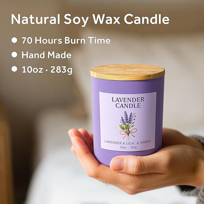 NORVENCE Lavender Candle, Lavender Scented Candles for Women, 10oz Soy Candles with Bamboo Lid for Home Scented, Birthday Gifts for Women and Men, Hand-Poured Candle for Relaxation, Home Decor