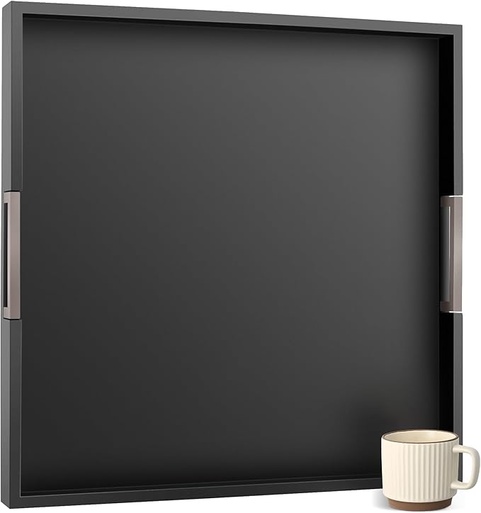 Joy&Grace Large Square Ottoman Tray for Living Room and Coffee Table 20 Inch Decorative Wooden Serving Tray with Handles for Breakfast in Bed, Dinner Food Kitchen TV (Black, 20" x 20" x 2")