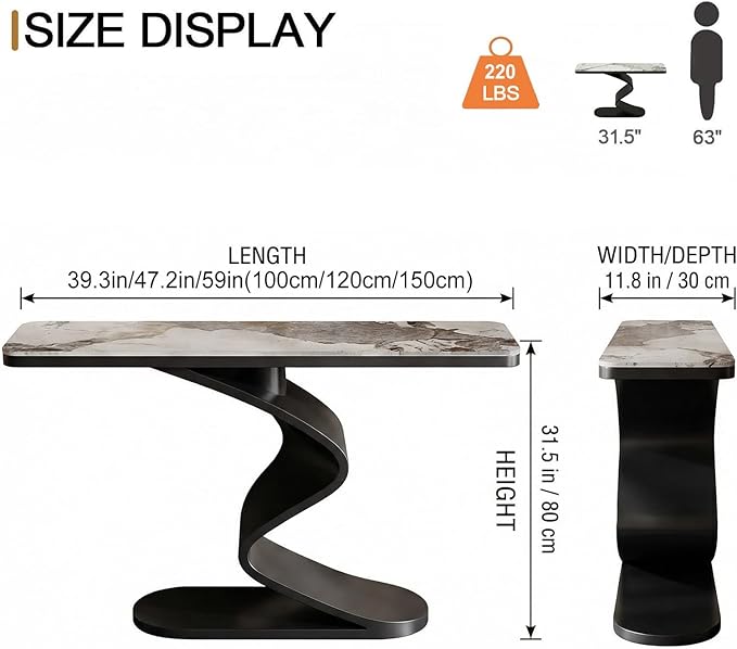 Modern Console Table with Sintered Stone Top, 47" Entryway Table with Sculptural S-Shaped Base Narrow Hallway Sofa Table Behind Couch for Living Room, Accent Furniture(Black,59"x11.8"x31.5")