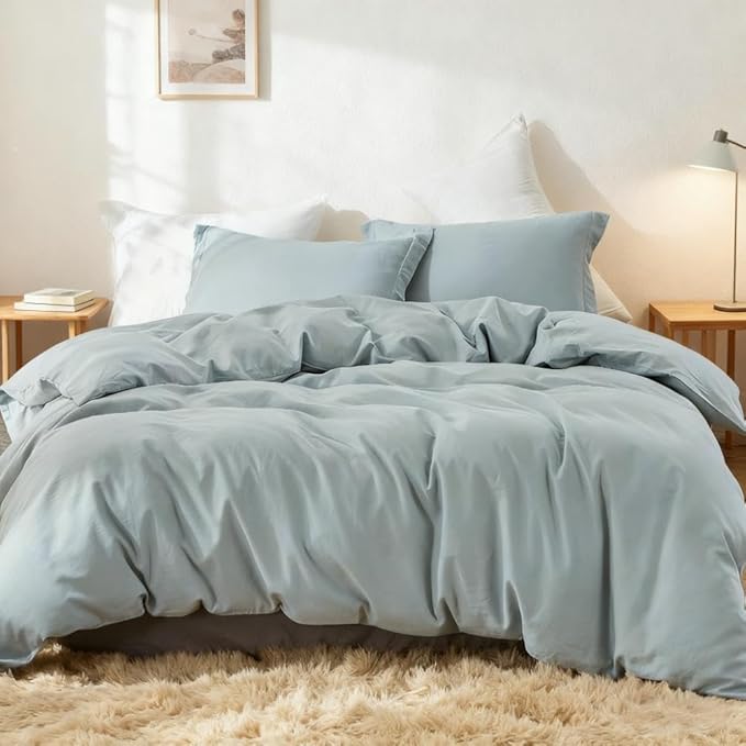 Simple&Opulence French Linen Duvet Cover Set 68" x 86"- 2 Pieces (1 Comforter Cover,1 Pillowcase)- Natural Flax Cotton Blend-Solid Color Breathable Farmhouse Bedding-Dusty Blue, Twin