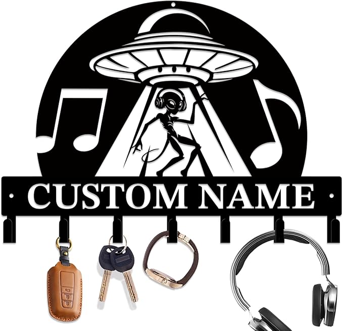 Personalized Custom Alien ET UFO Metal Wall Keys Hooks,Clothes Hooks Alien ET UFO Art Coat Racks,Door Holder,Black Alien ET Decorations for Home,Entrance Doors,Hallway, Bedroom,Keys,Hats (Style L)
