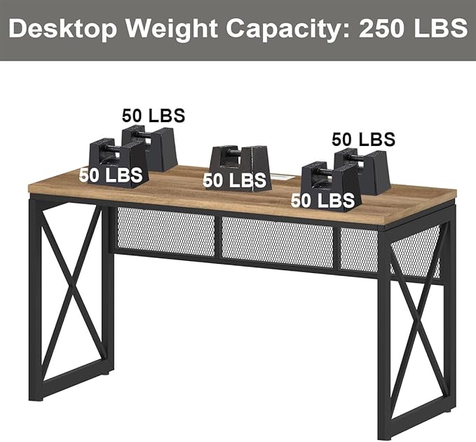 BON AUGURE Farmhouse Computer Desk, Modern Industrial Home Office Desks, Wood Metal Study Writing Table, Sturdy Gaming Desk (Vintage Oak, 54 Inch)