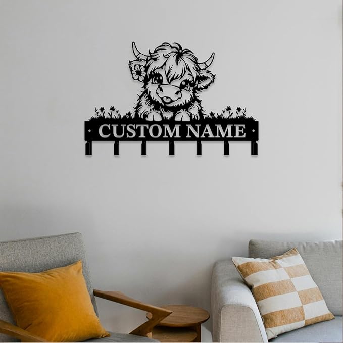 Personalized Highland Cow Metal Keys Hooks,Custom Name Metal Highland Cow Keys Hooks,Black Metal Highland Cow Wall Home Storage Decorative Keys Hooks,Key Holder Hooks for Wall (Style A)