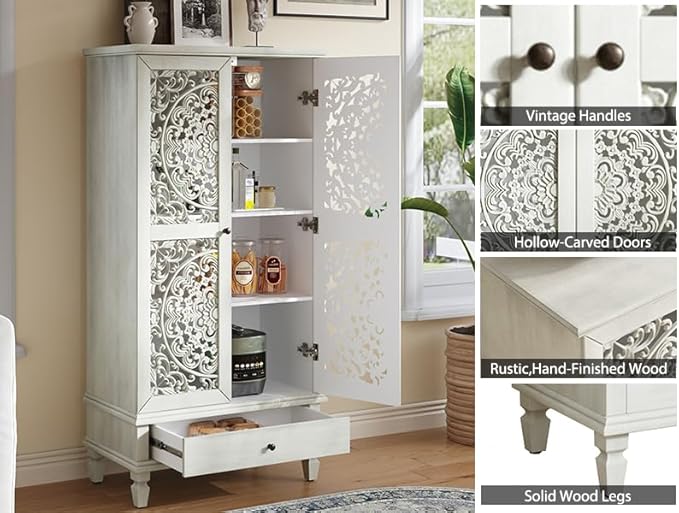 Rustic 55'' Tall Storage Cabinet with 2 Hollow-Carved Doors a Drawer, Wood Accent Cabinet with Solid Wood Legs for Living Room, Hallway, Dining Room (Grey White-T)