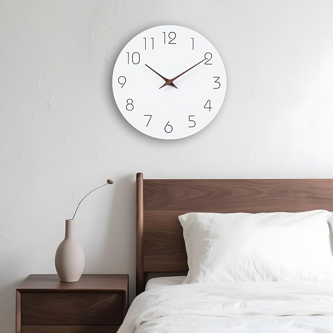 Mosewa Wall Clock 12 Inch Silent Non Ticking Battery Operated Wooden White Modern Office Simple Minimalist Clock Decorative for Kitchen Home Bathroom Living Room