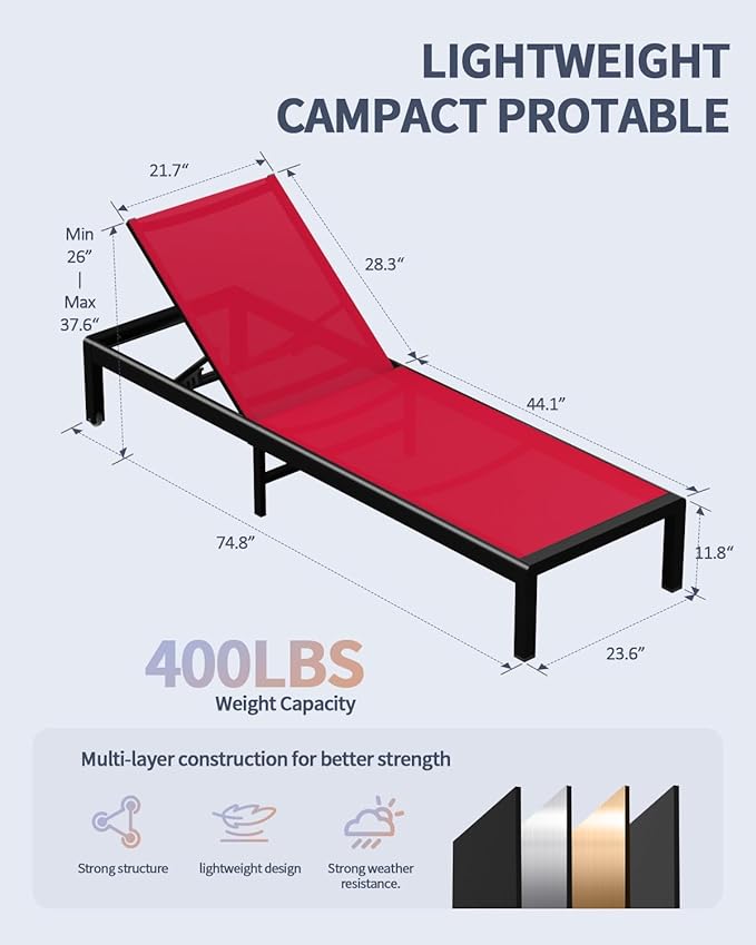 Aluminum Lounge Chairs Outdoor Chaise Furniture,2 Sets Patio Metal Deck Lounger Adjustable 5-Position Poolside Chase Recliner with Wheels for Beach,Coffee Table, (Red, 2 Chair)
