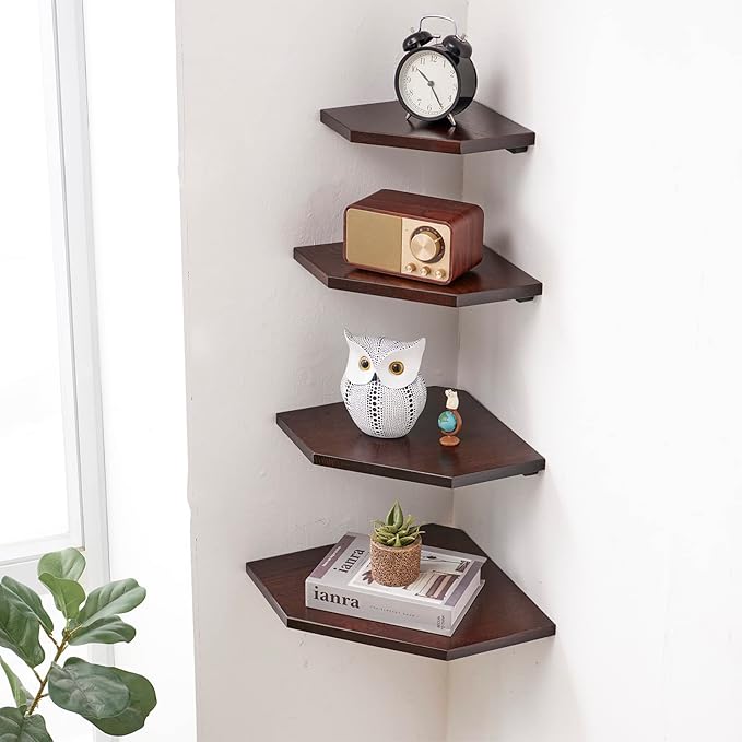 Corner Shelves Wall Mount, Set of 2 Solid Oak Wood Floating Corner Shelves with Wire Hole Display Shelf with Wire Hole Small Plant Display for Kitchen Living Room Bedroom
