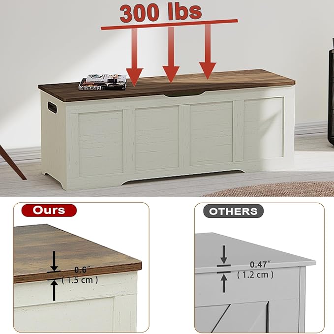 47.2" Storage Chest, Extra Large Storage Trunk with 2 Safety Hinges, Wooden Storage Bench, Shoe Bench, Entryway Bench for Living Room, Bedroom, Brown and Rustic White