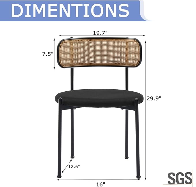 Rattan Dining Chairs Set of 4, Mid Century Modern Dining Chairs with Cane Back and Boucle Upholstered Seat, Farmhouse Kitchen Chairs for Dining Room and Living Room, Black