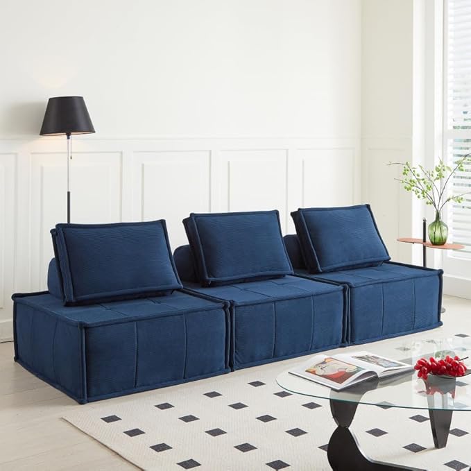 PurrJoys Modular Sectional Sofa, 3-Piece 105" Deep Seat Corduroy Lounge Sofa with Movable Cushions, Modular Couch for Small Spaces, Living Room, Bedroom, Apartment, Office - Blue