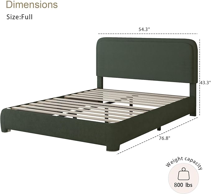 BarnFurin Full Size Bed Frame with Headboard, Boucle Upholstered Platform Bed Frame, Modern Style, Soft Rounded Corners, No Box Spring Required, Easy Assembly, Green