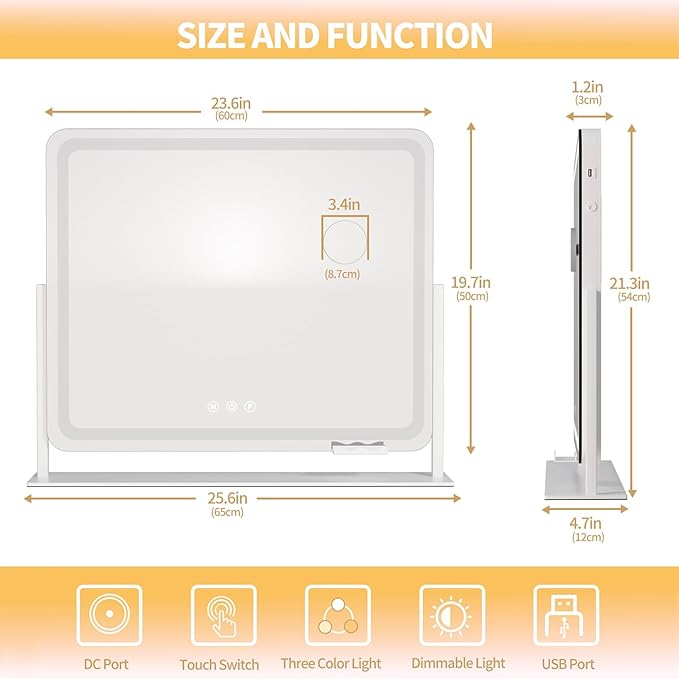 Hasipu Vanity Mirror with Lights, 25" x 21" LED Makeup Mirror, Light up Mirror with 10X Magnification and Phone Holder, USB Charging Port, Smart Touch 3 Colors Dimmable, 360° Rotation (White)