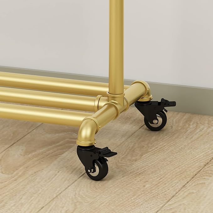 Industrial Gold Clothing Racks on Wheels, Boutique Display Gold Clothes Rack with Shelf, Rolling Garment Rack for Retail Use