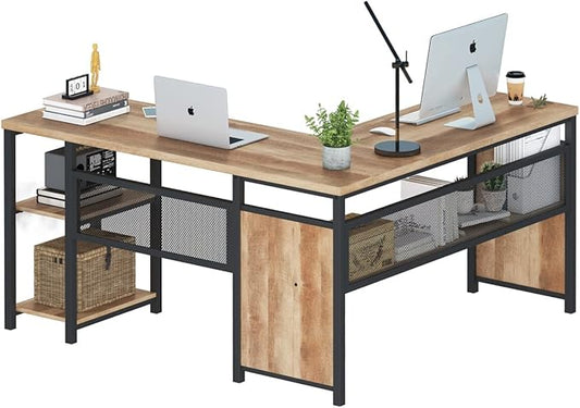 FATORRI L Shaped Computer Desk with Wood Shelves, Industrial Rustic Home Office Corner Desk with Metal Legs (Rustic Oak, 59 Inch)